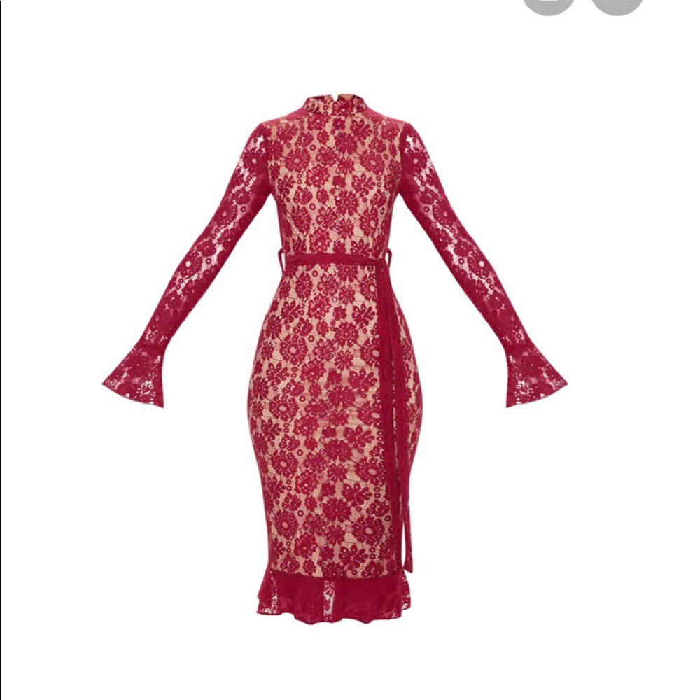Burgundy Lace Button Detail Frill Hem Midi dress.